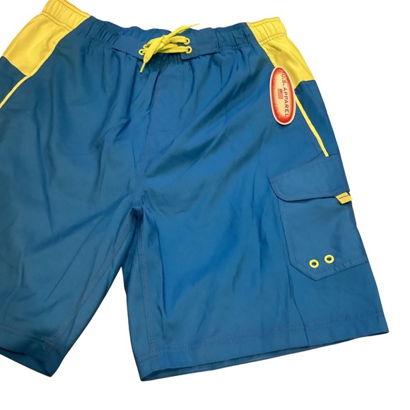 US Apparel Mens Blue Yellow Cargo Swim Trunks Shorts Size L - Picture 2 of 4